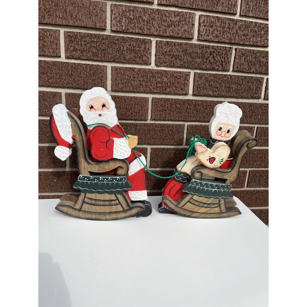 VTG Santa & Mrs Claus Rocking Chairs With Yarn Knitting Wooden Shelf Sitters